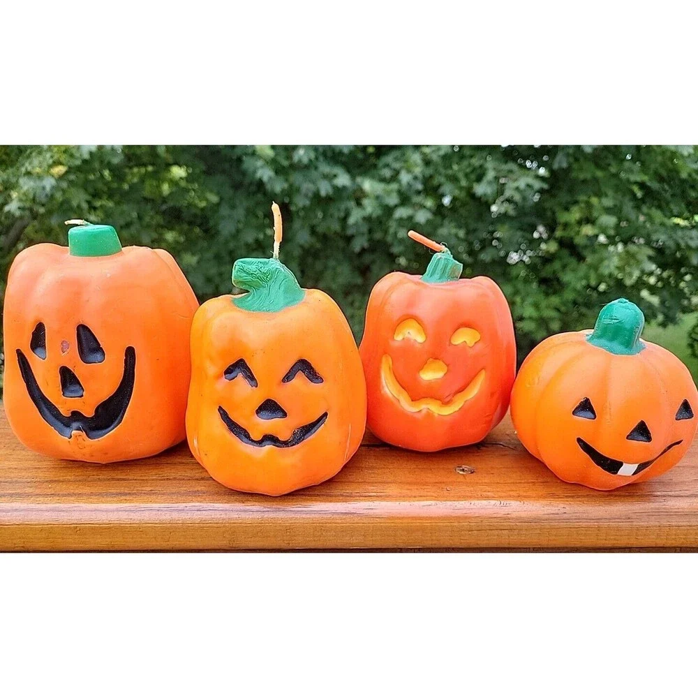 Lot of 4 Vintage Jack o Lantern Halloween Candle Pumpkin Goofy  Kitschy FLAW